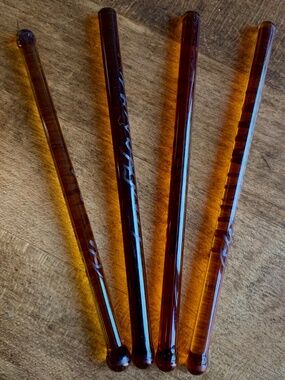 Set of 4 Fred Harvey Amber Glass Swizzle Sticks – Silver Overlay – 5” - Vintage